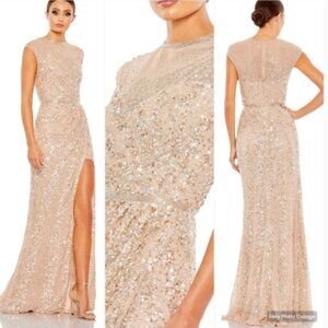 MAC DUGGAL 5619 EMBELLISHED ILLUSIONS HIGH NECK CAP SLEEVE NUDE GOWN sz 2